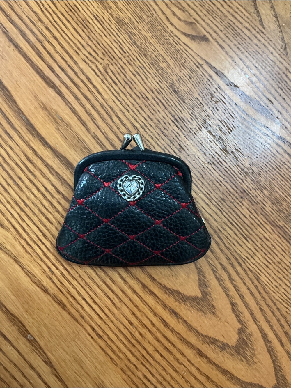 Brighton Black Quilted Coin Purse with Red Stitching and Silver Heart Charm